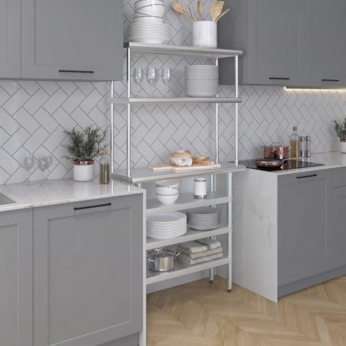 14" x 36" Stainless Steel Work Table with 3 Shelves and 12" Wide Double Tier Overshelf