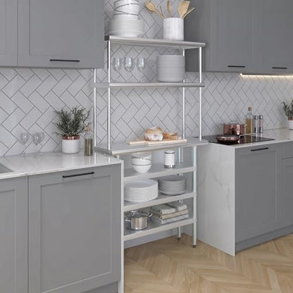 14" x 36" Stainless Steel Work Table with 3 Shelves and 12" Wide Double Tier Overshelf