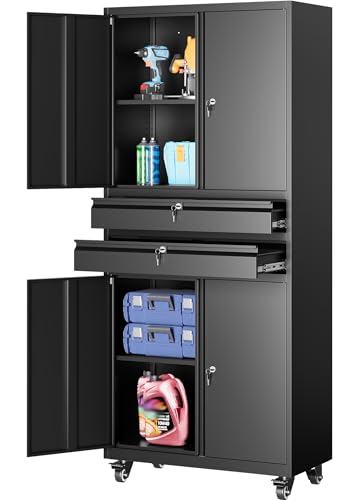 Metal Storage Cabinet with Wheels and Drawers