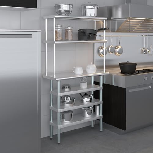 14" x 36" Stainless Steel Work Table with 3 Shelves and 12" Wide Double Tier Overshelf