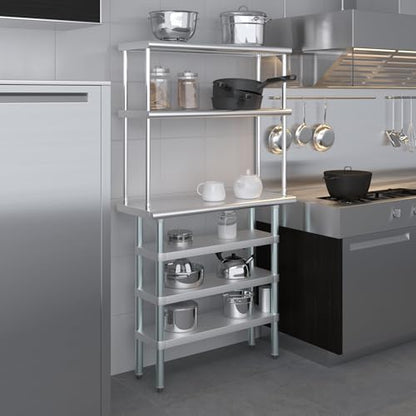 14" x 36" Stainless Steel Work Table with 3 Shelves and 12" Wide Double Tier Overshelf