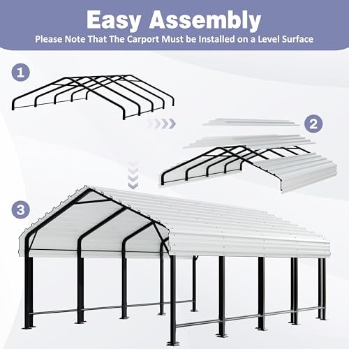 JY QAQA 12 x 20 FT Heavy Duty Metal Carport Canopy with Galvanized Steel Roof