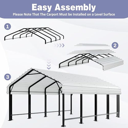 JY QAQA 12 x 20 FT Heavy Duty Metal Carport Canopy with Galvanized Steel Roof