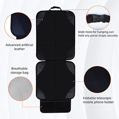 Car Seat Protector Durable Oxford Fabric and Faux Leather Seat Cover Protection Mat Universal Fit for Vehicles with Mesh Storage Pockets Pure Black Black 2 Pack (2 Count)