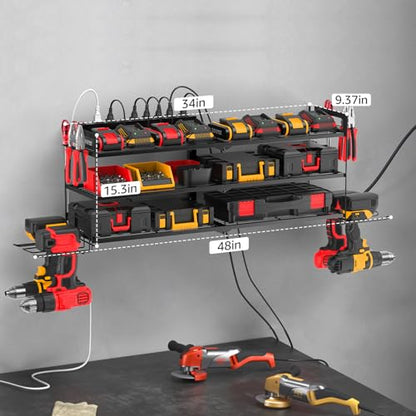 Large Garage Tools Storage with Charging Station. Power Tool Battery Organizer Utility Shelf with Power Strip. 4 Drills Holder Wall Mount Rack (11.5 Count)