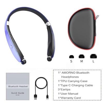 Foldable Bluetooth Headphones Wireless Neckband Headset with Retractable Earbuds