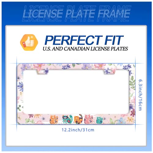 Cat Flowers License Plate Frame Stainless Steel Accessory 12.3x6.3 Inch