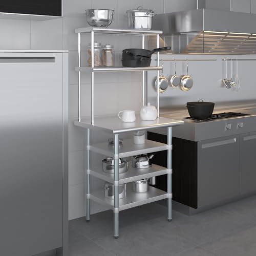 24" x 30" Stainless Steel Work Table with 3 Shelves and 12" Wide Double Tier Overshelf