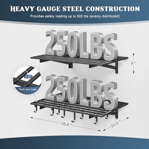 2 Pack Heavy Duty Garage Wall Shelving with 8 Hooks (2 Count)