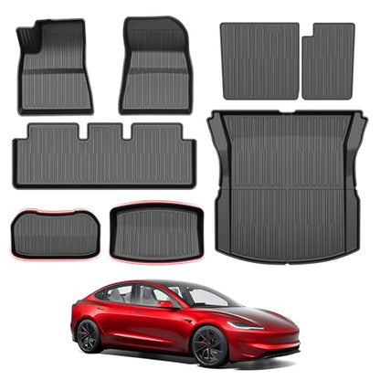 Floor Mats for 2024 2025 2026 Tesla Model 3 Highland 8 PCS Floor Cargo Liners Full Set All Weather TPE 3D 2 Row Liner Front Rear Storage Mat and Rear Seat Back Mats