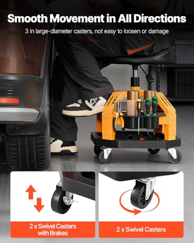 Mechanic Stool Dual Storage Trays Rolling Stool and Garage Stool with Adjustable Height 23.6