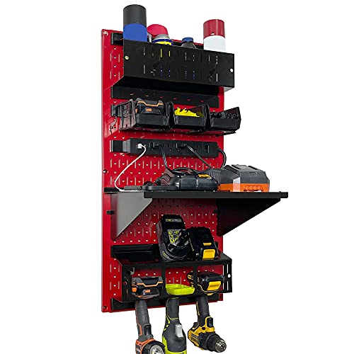 Power Tool Storage Organizer Kit Cordless Drill Holder Charging Station Rack 16” x 32” Metal Pegboard Organization System