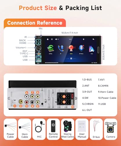 6.9 inch Single Din Car Stereo Wired Carplay Android Auto