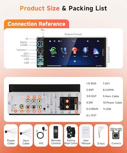 6.9 inch Single Din Car Stereo Wired Carplay Android Auto