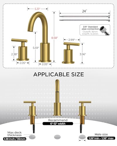 Bathroom Sink Faucet 3 Hole Brushed Gold 8 Inch Widespread 2 Pack