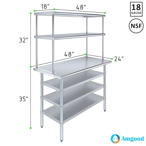 24" x 48 Stainless Steel Work Table with 3 Shelves and 18" Wide Double Tier Overshelf