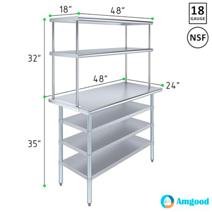24" x 48 Stainless Steel Work Table with 3 Shelves and 18" Wide Double Tier Overshelf