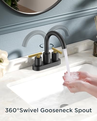 Bathroom Sink Faucet 3 Hole Black and Gold 4 Inch Centerset