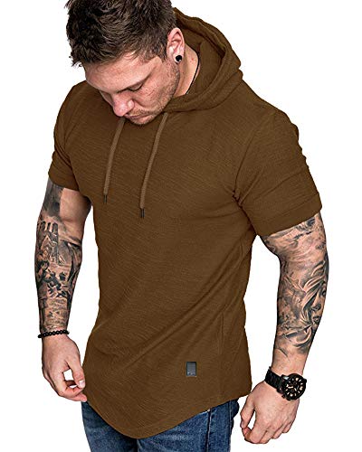 Mens Fashion Hoodies Sport Pullover Solid Color Shirt Workout Lightweight Tops Brown