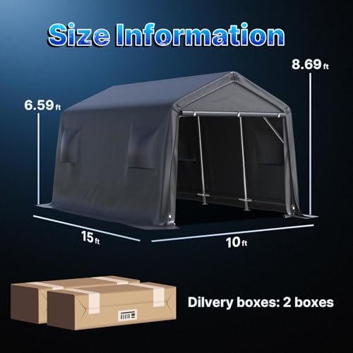 10X15 ft Garage Shelter Steel Metal Peak Roof Portable Storage Shed Carport for Motorcycle Boat