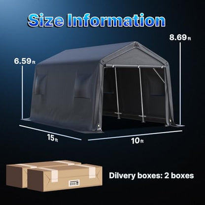 10X15 ft Garage Shelter Steel Metal Peak Roof Portable Storage Shed Carport for Motorcycle Boat