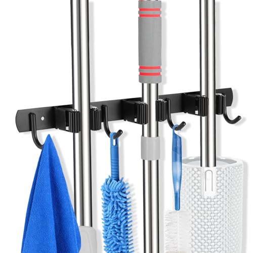3 Racks and 4 Hooks Mop and Broom Holder Wall Mount