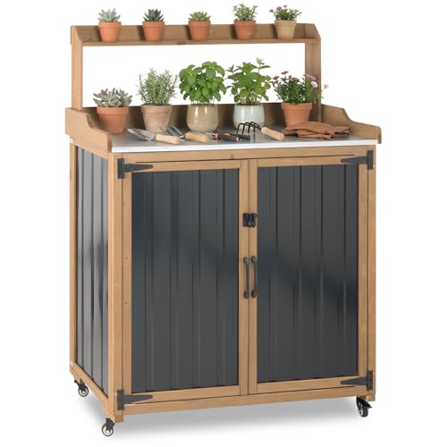 Potting Bench Table & Outdoor Storage Cabinet with Lockable Wheels