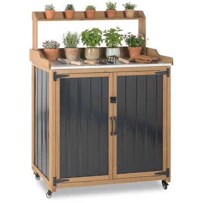 Potting Bench Table & Outdoor Storage Cabinet with Lockable Wheels