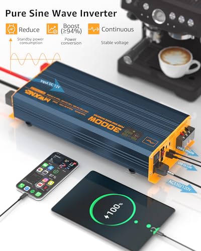 3000W Pure Sine Wave Power Inverter DC 12V to 110V 120V with Fast Charging Type