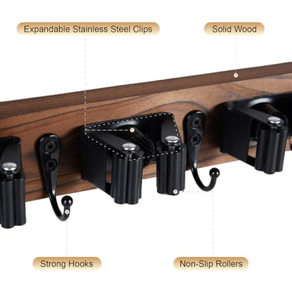 Broom Holder Wall Mount With 5 Slots & 4 Hooks