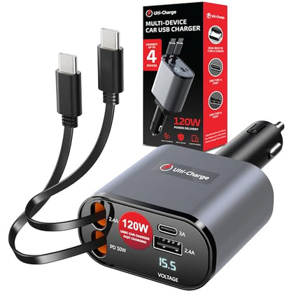 Ulti Charge Car Phone Charger 120W Fast Charging Retractable Cigarette Lighter USB C Charger