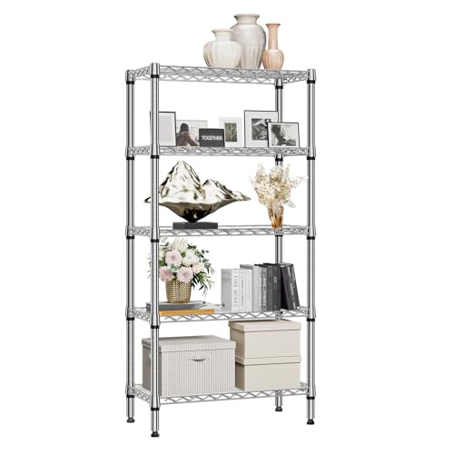 1250 lbs 5 Tier Shelf Metal Storage Shelves Shelving Wire Rack Heavy Duty Closet Organizers for Garage Kitchen Bathroom Laundry Chrome 13.8" D x 29.5" W x 59.5" H (5 Count)