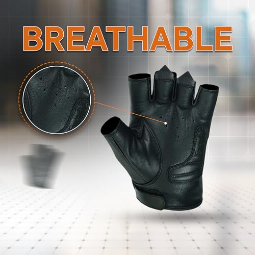 Men's Reflective Skull Fingerless Leather Motorcycle Gloves by Daniel Smart Manufacturing