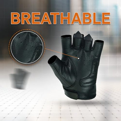 Men's Reflective Skull Fingerless Leather Motorcycle Gloves by Daniel Smart Manufacturing