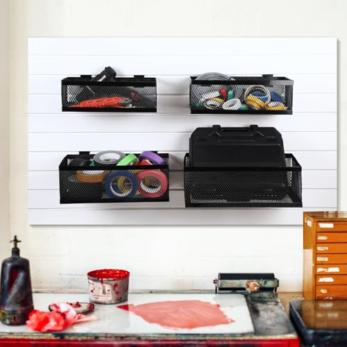 4 Pcs Black Slatwall Baskets 4 Size Metal Mesh Wire Basket for Slatwall Panels Ventilated Wall Mounted Hanging Accessories for Home Garage Retail Store Display (4 Count)