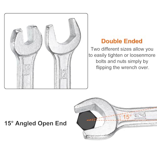 2pcs Double Open End Wrench 14mm x 15mm Metric 15 Degree Offset Angle Small Flat Head Wrench Galvanizing Open Ended Spanner for Automotive Repair Furniture Assembly (2 Count)