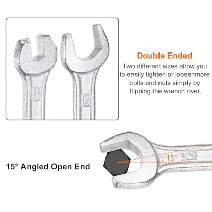 2pcs Double Open End Wrench 14mm x 15mm Metric 15 Degree Offset Angle Small Flat Head Wrench Galvanizing Open Ended Spanner for Automotive Repair Furniture Assembly (2 Count)