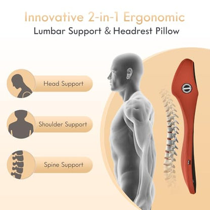 2-in-1 Lumbar Support with Headrest Pillow for Car Ergonomic Memory Foam Car Seat Back Cushion Integrated Lumbar Pillow with Car Neck Pillow for Driving Seat Relief Back Sciatica Pain, Red