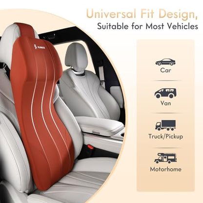2-in-1 Lumbar Support with Headrest Pillow for Car Ergonomic Memory Foam Car Seat Back Cushion Integrated Lumbar Pillow with Car Neck Pillow for Driving Seat Relief Back Sciatica Pain, Red