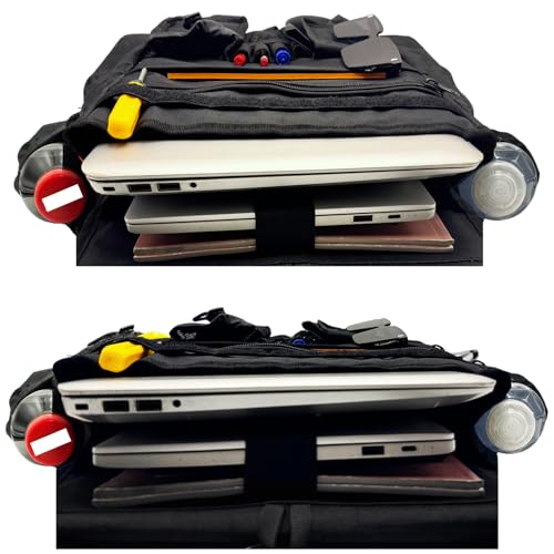 Front & Seat back organizer with dedicated tablet and 15.6 IN laptop storage stabilizers external stabilizing side straps soft adjustable shoulder straps hardened buckle