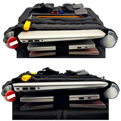 Front & Seat back organizer with dedicated tablet and 15.6 IN laptop storage stabilizers external stabilizing side straps soft adjustable shoulder straps hardened buckle