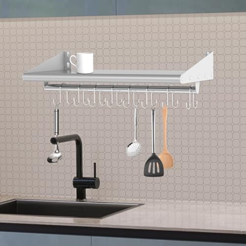 12" x 48" Stainless Steel Shelf Wall Mounted with 8 Hooks