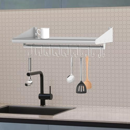 12" x 48" Stainless Steel Shelf Wall Mounted with 8 Hooks