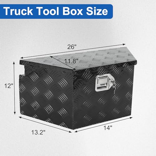 26 Inch Heavy Duty Aluminum Stripes Plated Tool Box Pick Up Truck Bed RV Trailer Tongue Toolbox Waterproof Storage Organizer with Lock and Keys