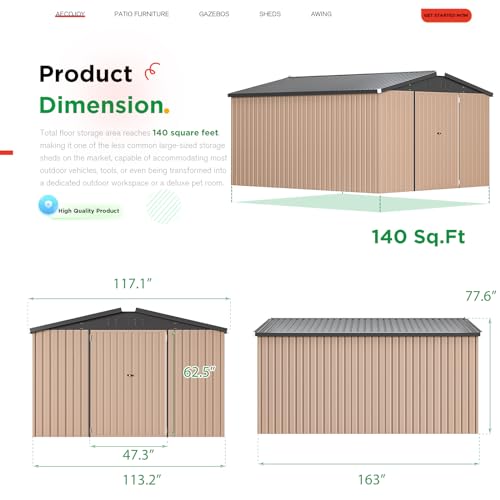 10' x 14' Large Waterproof Metal Garden Tool Shed