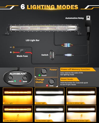 LED Light Bar 30 Inch 180W 6 Modes Amber White Offroad Strobe Light