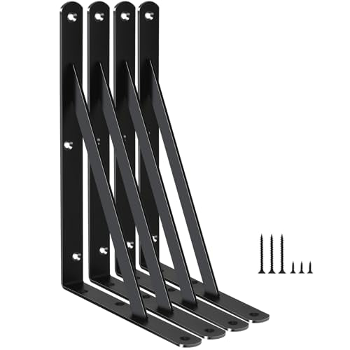 4 Pack L11 x H 8" Black Heavy Duty Shelf Brackets with Screws Metal Shelf Brackets Shelf Support Angle Brackets for Shelves L Brackets Heavy Duty Floating Shelf (4 Count)