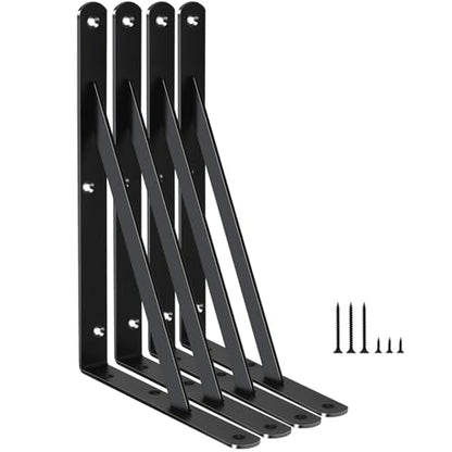 4 Pack L11 x H 8" Black Heavy Duty Shelf Brackets with Screws Metal Shelf Brackets Shelf Support Angle Brackets for Shelves L Brackets Heavy Duty Floating Shelf (4 Count)