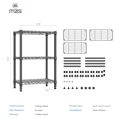 750 lbs 3 Tier Shelf Metal Storage Shelves Wire Rack Closet Organizers for Garage Kitchen Bathroom Laundry Black 11.8" D x 25.6" W x 31.5" H (3 Count)