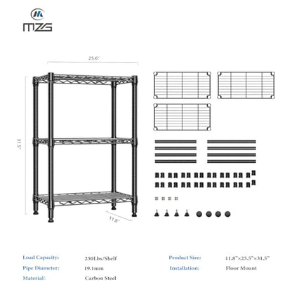 750 lbs 3 Tier Shelf Metal Storage Shelves Wire Rack Closet Organizers for Garage Kitchen Bathroom Laundry Black 11.8" D x 25.6" W x 31.5" H (3 Count)